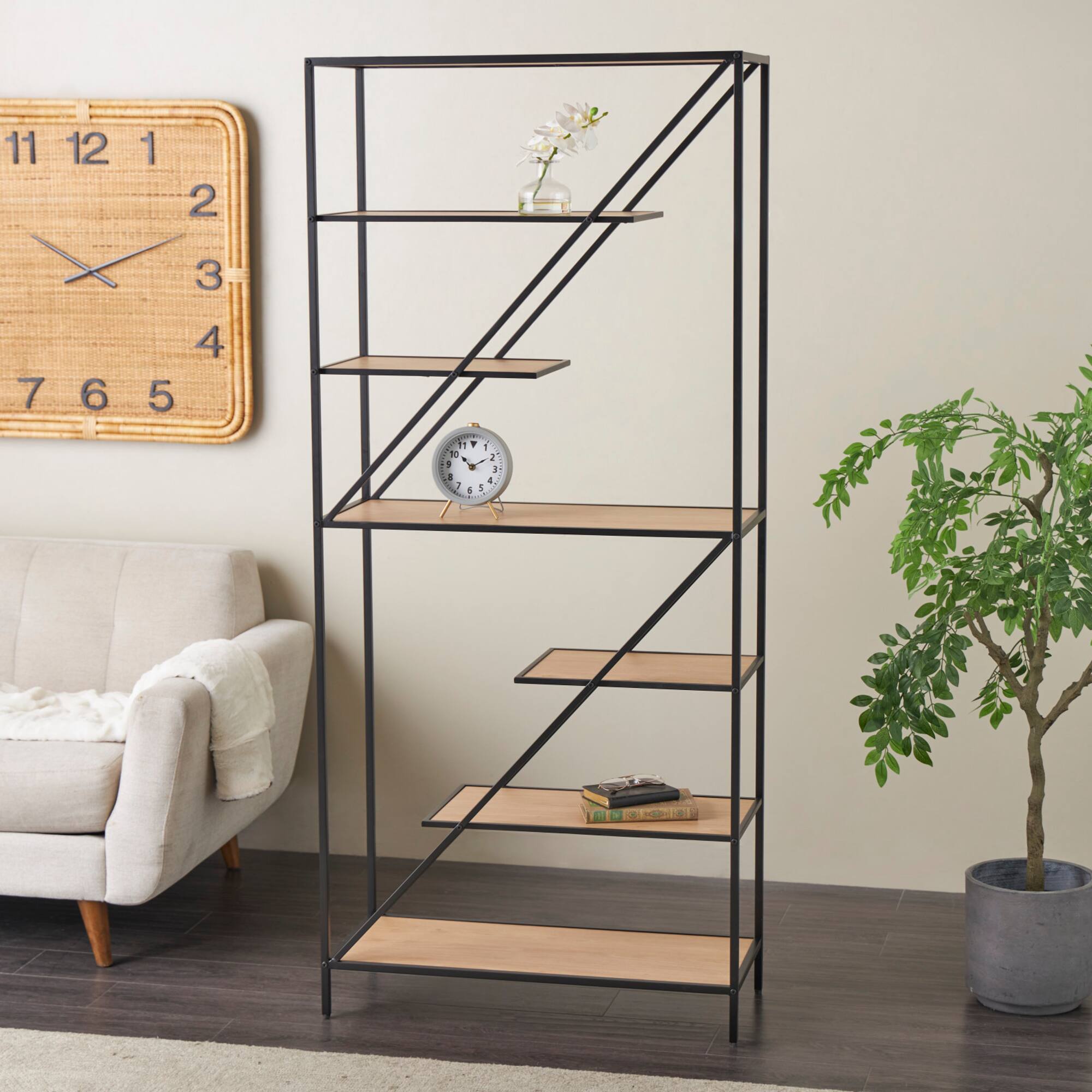 71" x 32" Brown Wooden Diagonal Angled 6 Shelf Storage Shelving Unit with Black Metal Frame